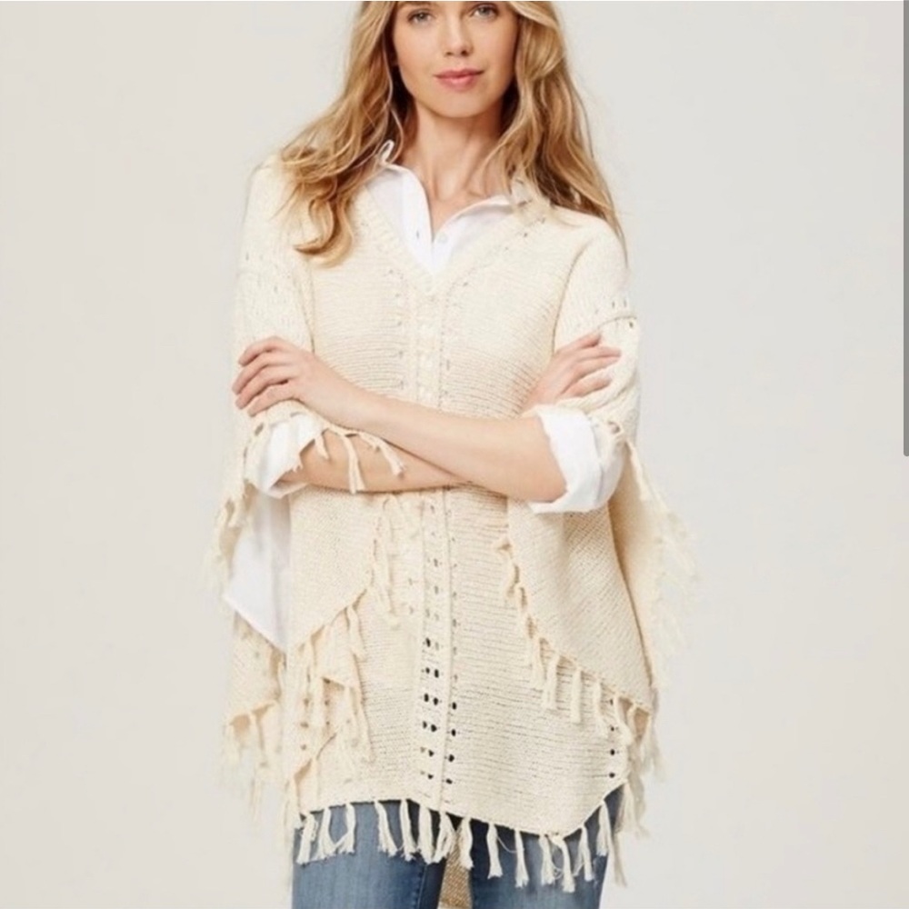 Loft Ivory Fringe Poncho